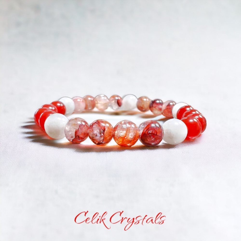 Fire Quartz, Carnelian & Moonstone Bracelet Natural Stones 8mm Stretches